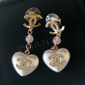 Chanel Gold Tone Metal Faux Pearl Crystal Pink Bead CC Heart Drop Earrings
